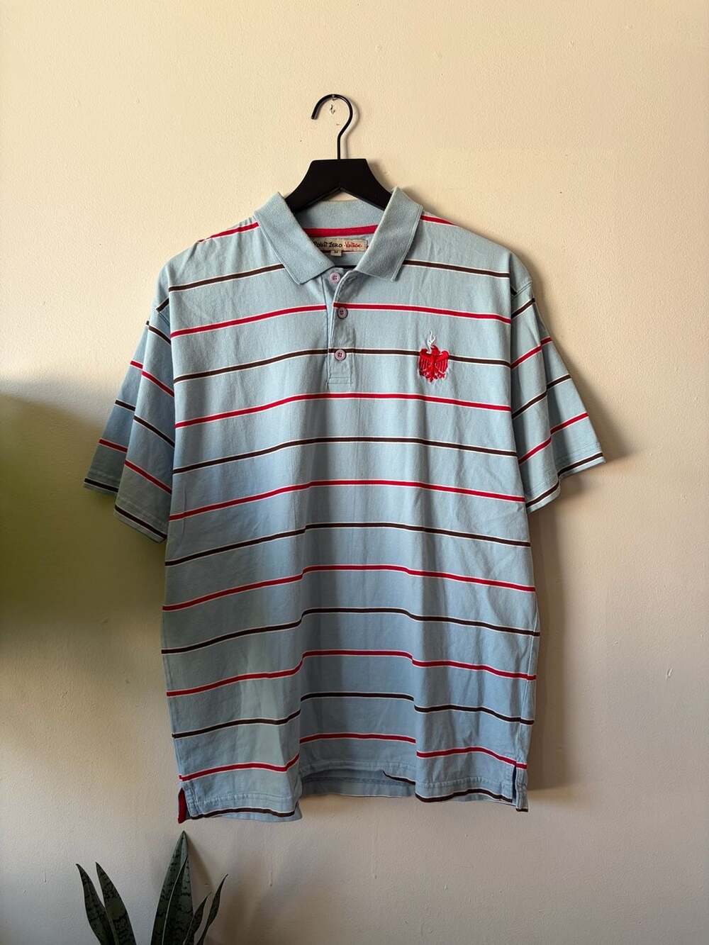 Point Zero Vintage Polo Shirt Size M Light Blue Striped Logo